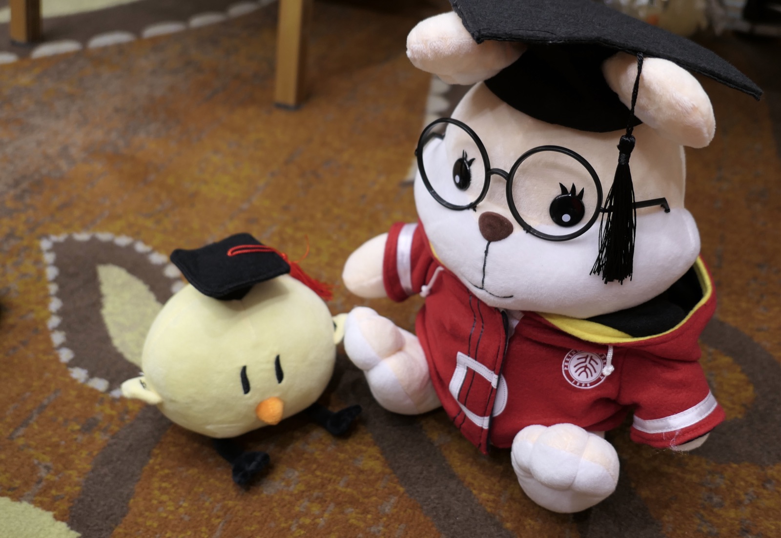 Two plush academic companions wearing graduation caps